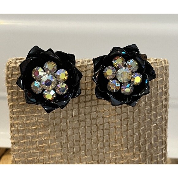 VTG Rhinestone Clip On Floral Earrings Black Enamel Aurora Borealis Whimsigoth - Picture 1 of 11